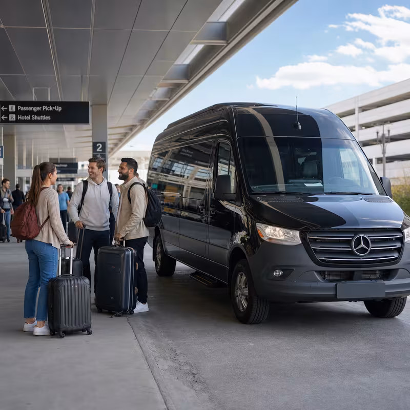 Group boarding a white charter bus for Airport Transportation transportation in Las Vegas