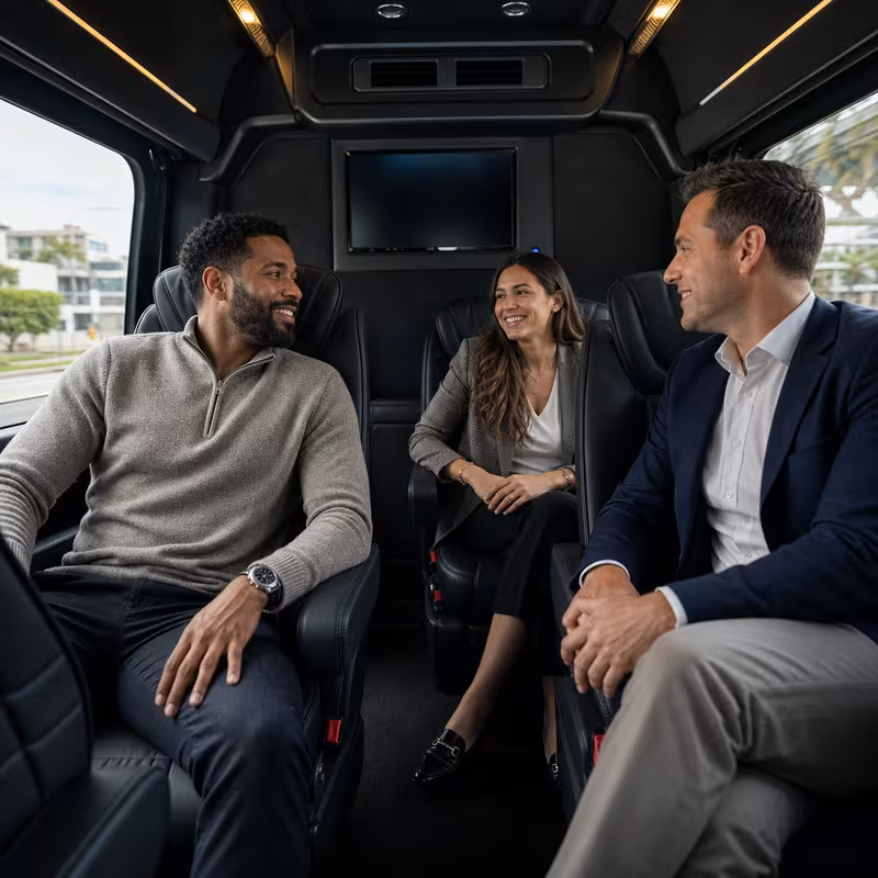 Group boarding a white charter bus for Corporate Transportation transportation in Las Vegas
