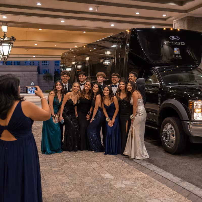 Party bus interior with wraparound leather seating and LED lighting in Las Vegas