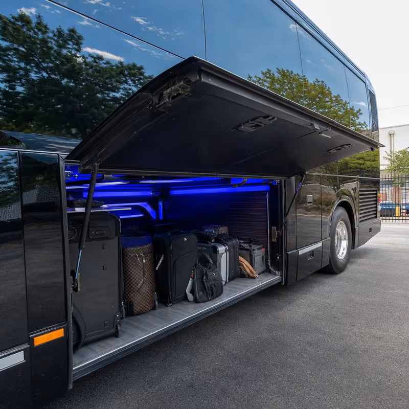 Party bus interior with wraparound leather seating and LED lighting in Las Vegas