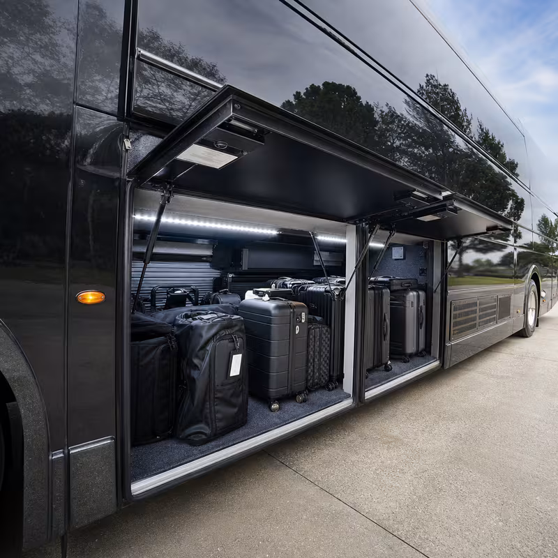 Party bus interior with wraparound leather seating and LED lighting in Las Vegas
